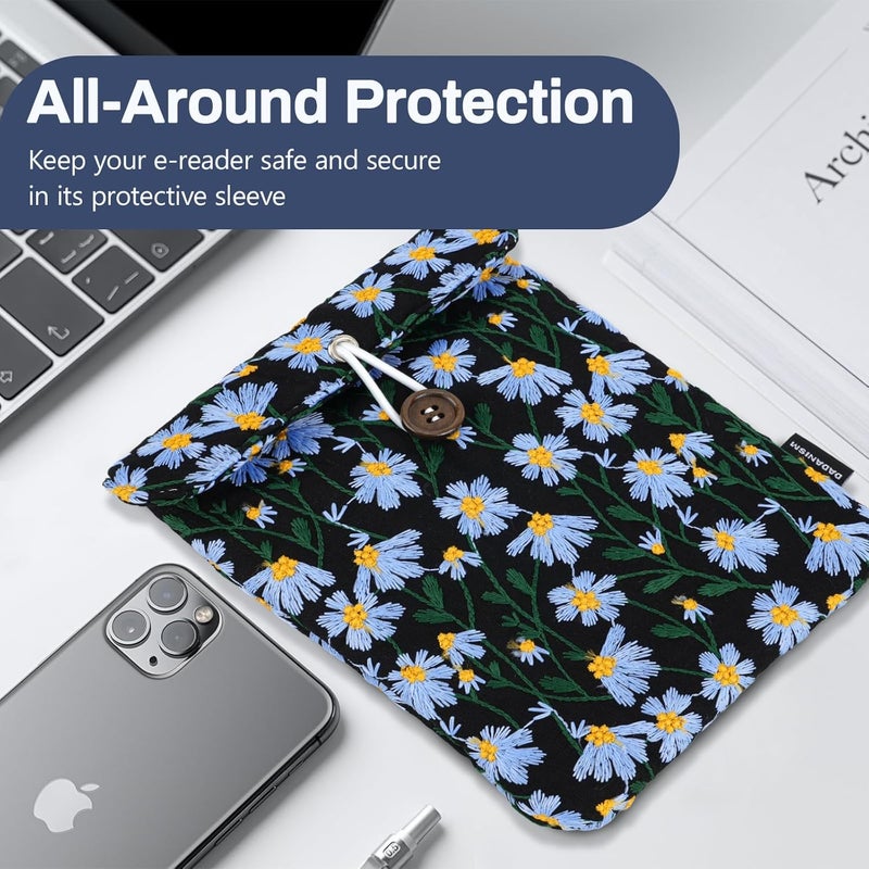 Dadanism 6-7 Inch Embroidered Daisy Floral Padded Sleeve for 7" All-New Kindle Paperwhite/Colorsoft Signature Edition, Protective Sleeve Carrying Case for 6" Kindle E-Reader/Oasis/Kobo E-Reader, Black - Image 5
